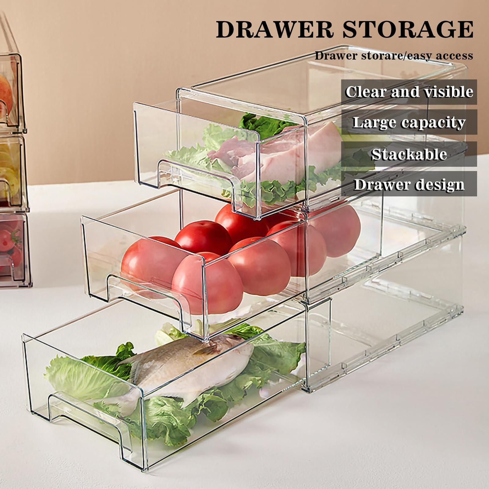 MANO 2Pack Clear Fridge Drawers Pull Out Stackable 2pack-L-NEW,