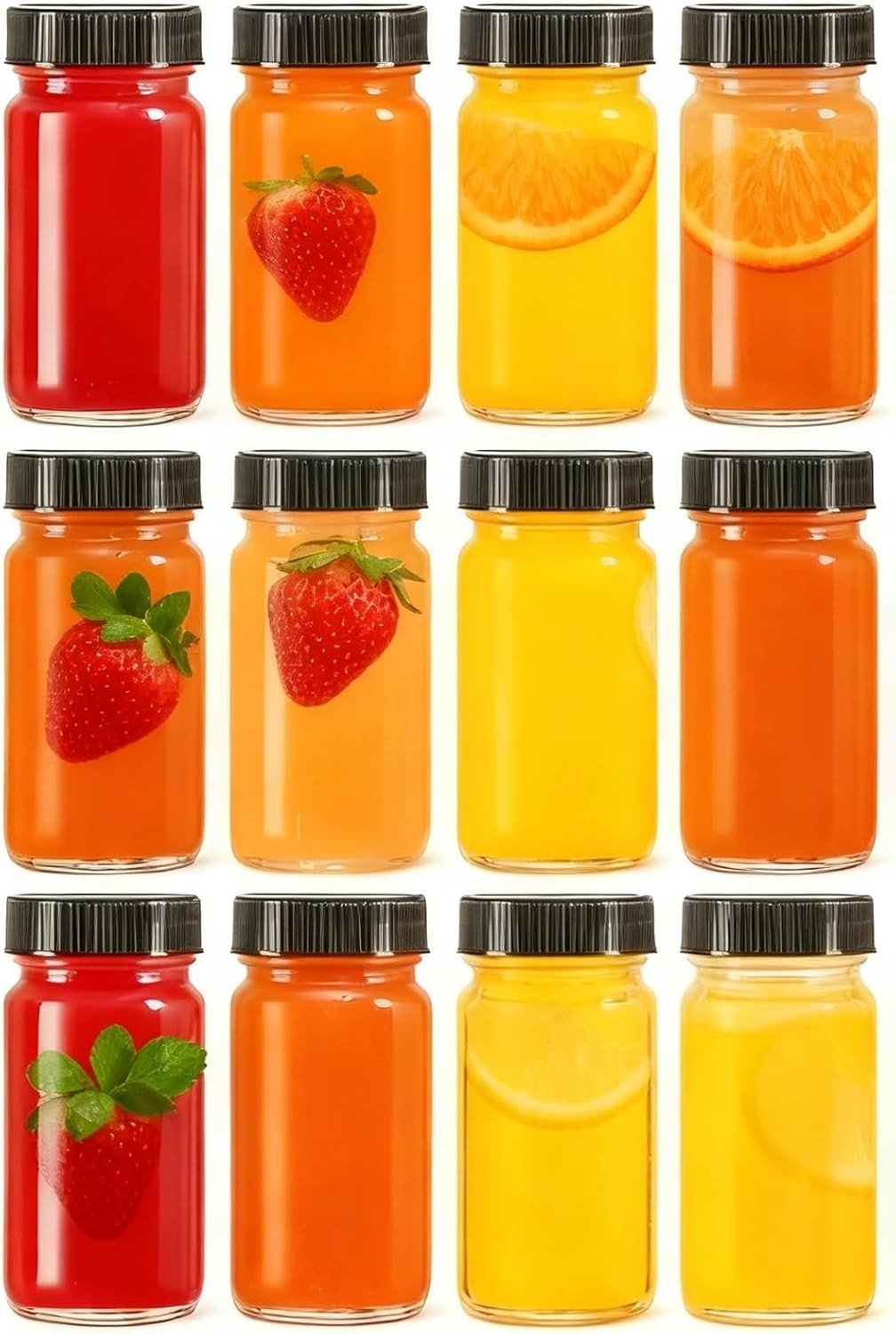 12 Pack 2 oz Glass Shot Mini Bottles W/ Black Lids Reusable Leakage-Proof Small