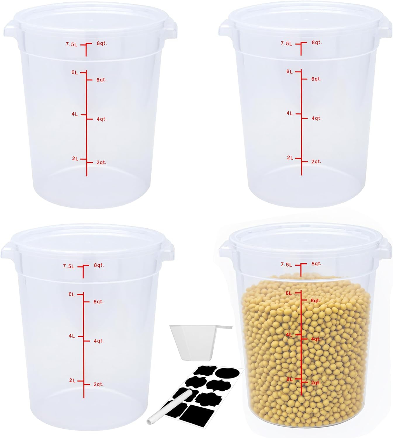 Round Food Storage Container with Lid, 8Qt Translucent, Commercial 4 Pack of – N