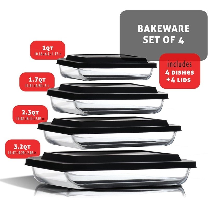 Glass Food Storage Containers 8pc Airtight Bakeware Set Oven Microwave Safe New