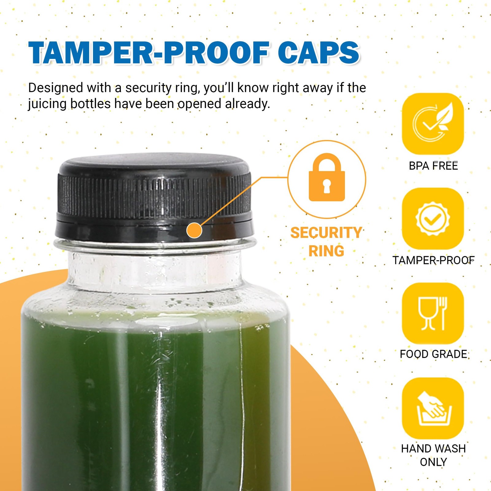 42 PCS 12oz Juice Bottles Caps Bulk Empty Plastic Black Tamper Evident Lids