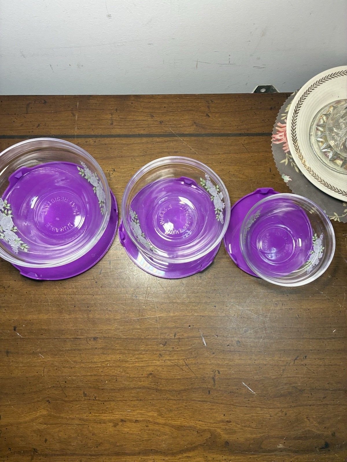 Vintage Durable Imperial 10p Nesting Glass Bowl Set w/ Purple Lids Floral Design