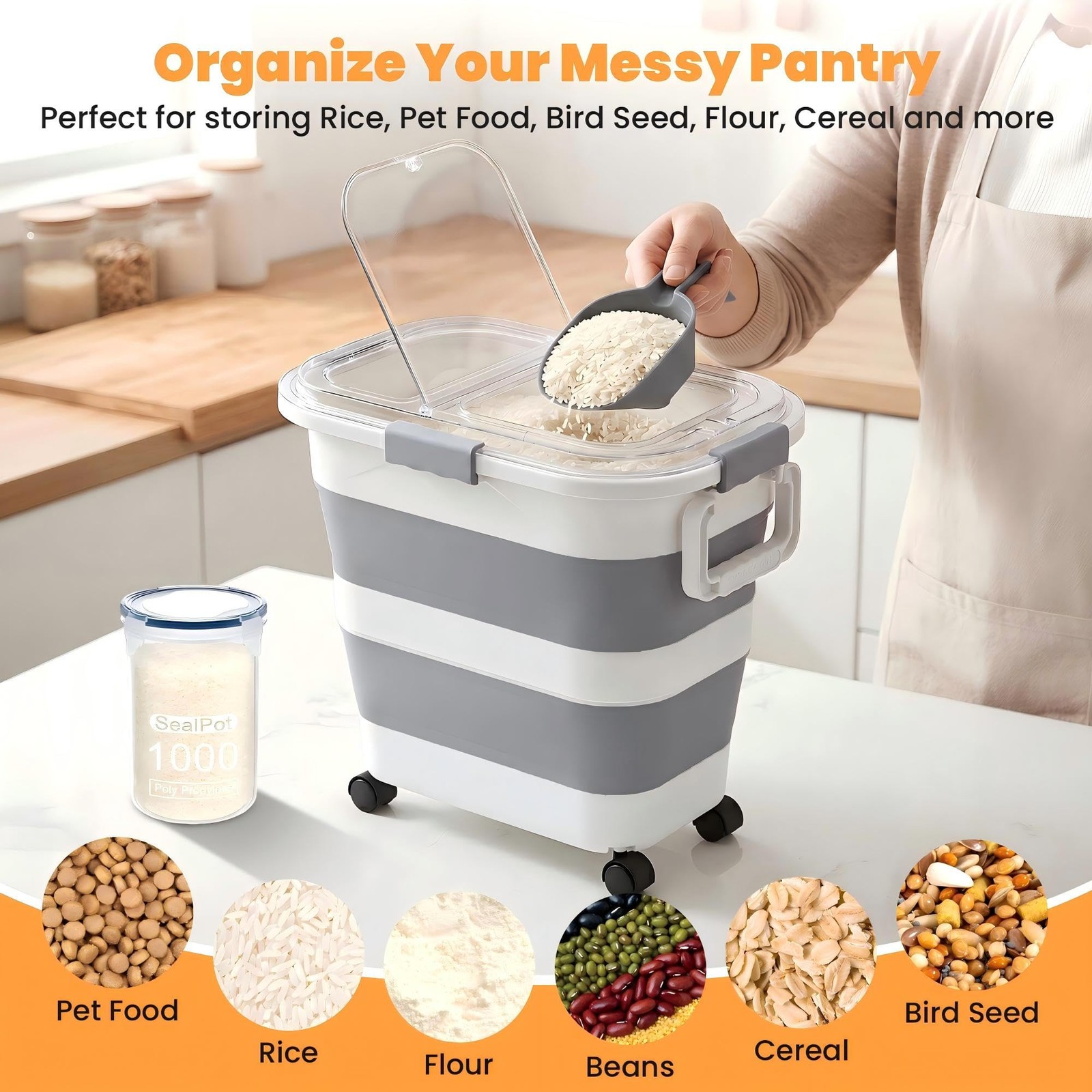 30 Lbs Rice Storage Container with Wheels, Collapsible Airtight Dog Food Stor…