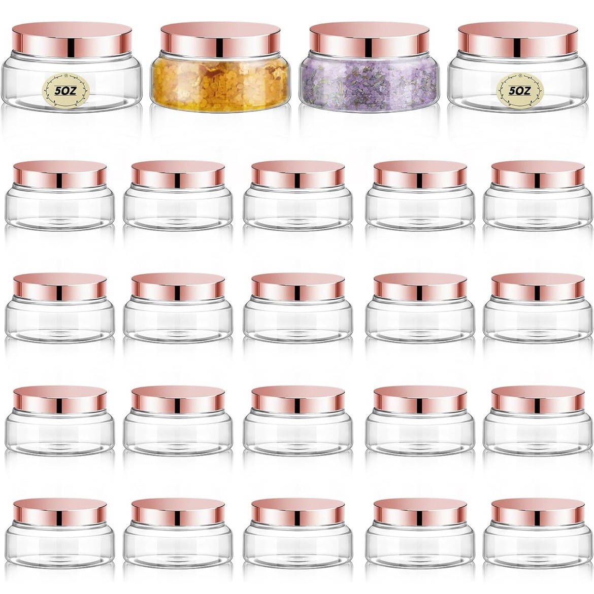 Tessco 24 Pack Plastic Jars with Lids Labels 5 oz, Clear, Rose Gold