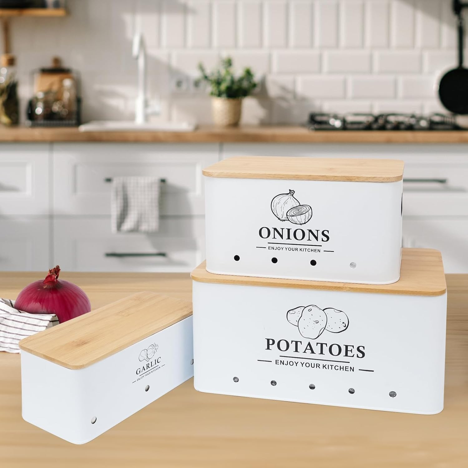 Kitchen Vegetable Storage Set of 3, Metal Onion Garlic Potato Storage Set, Kitch