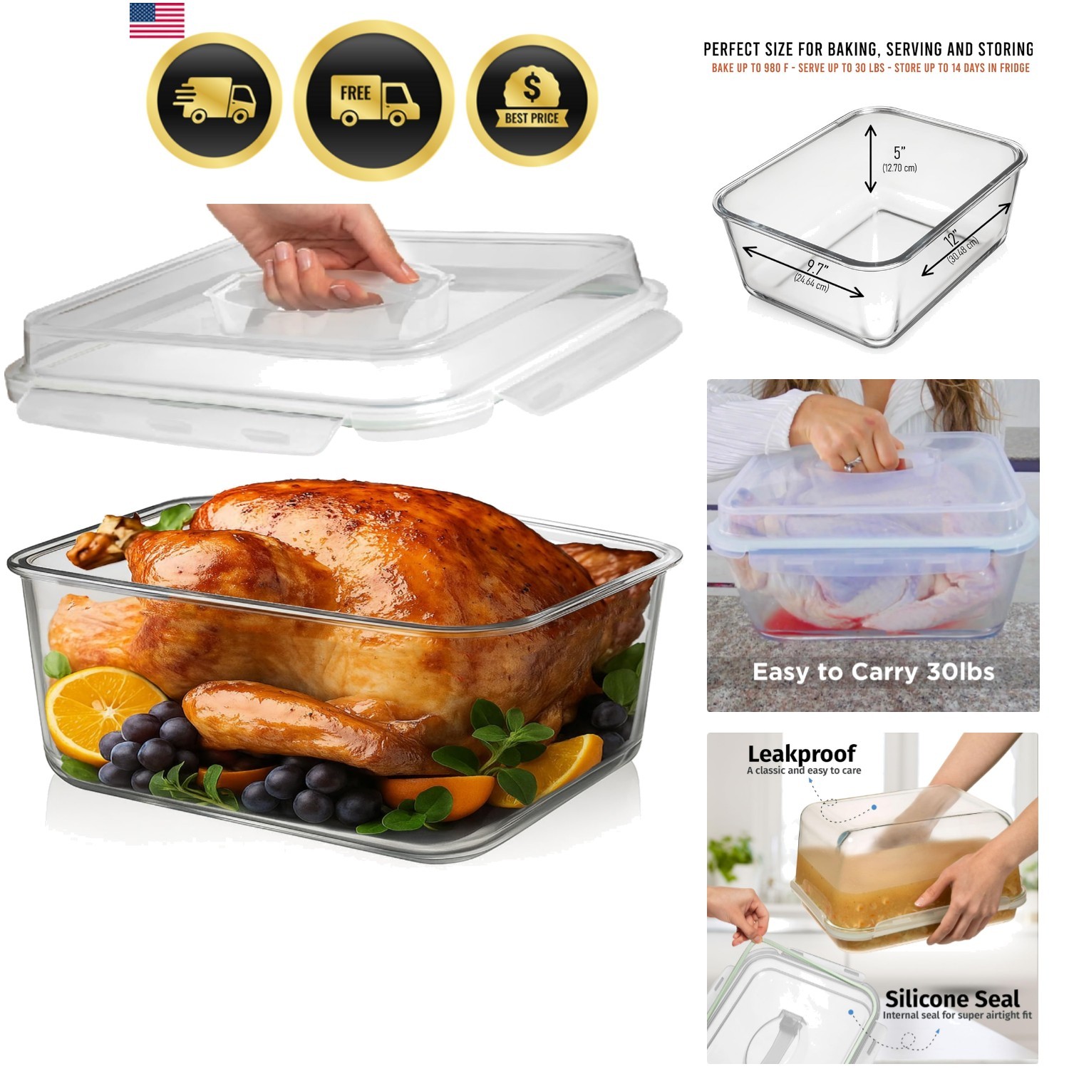 6500 ML / 220 oz / 28 Cup LARGE Glass Food Storage Container with Airtight Lo…