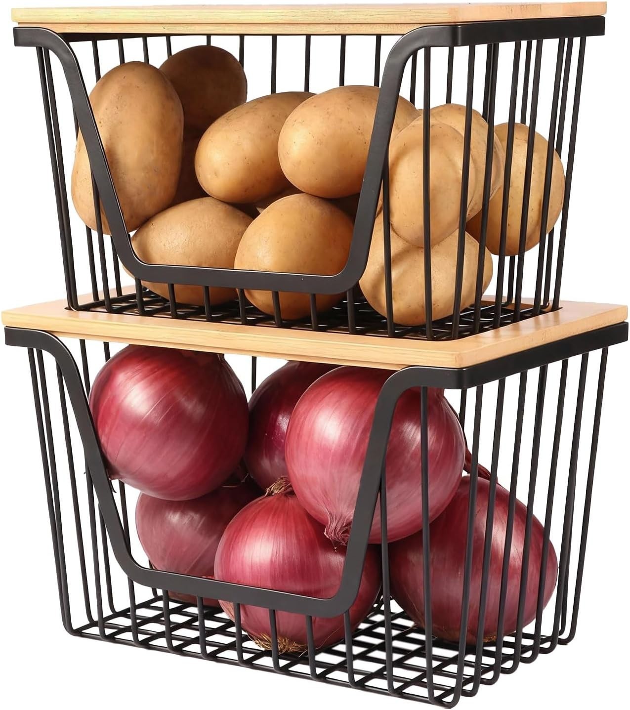Modern Stackable Storage Bins for Fruits, Vegetables – 2-Pack Iron Baskets