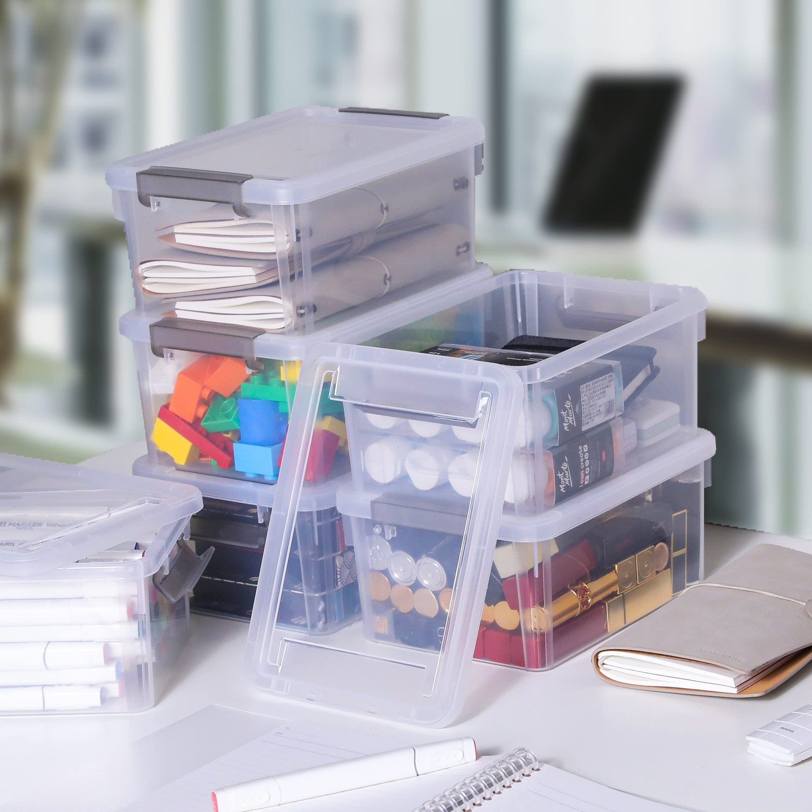 4~Pack Small Clear Storage Bins with Lids, 3.2 QT Stackable Containers