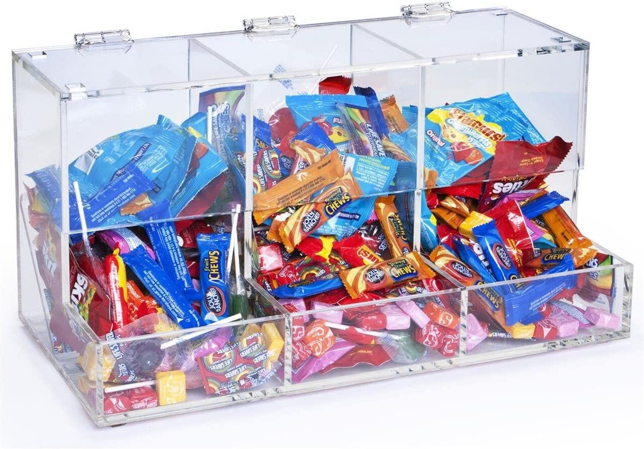 Clear Acrylic Candy Bin 3 Compartments with Hinges Lid Countertop Display