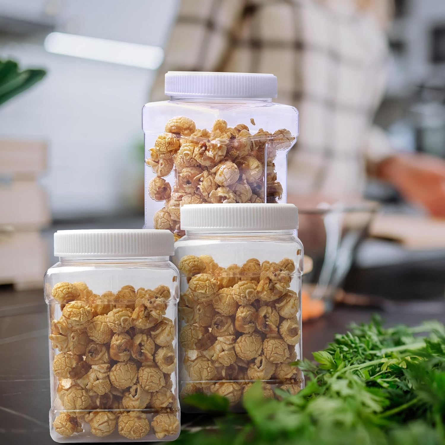 18 Pack Clear Plastic Storage Jars with Lids,27 Oz Easy Grip Handles Plastic Con