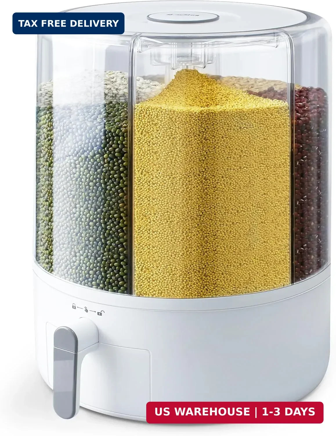 Grain and Rice Storage Container, 6 Grid Grain Dispenser, 360° Rotating 25lb Lar