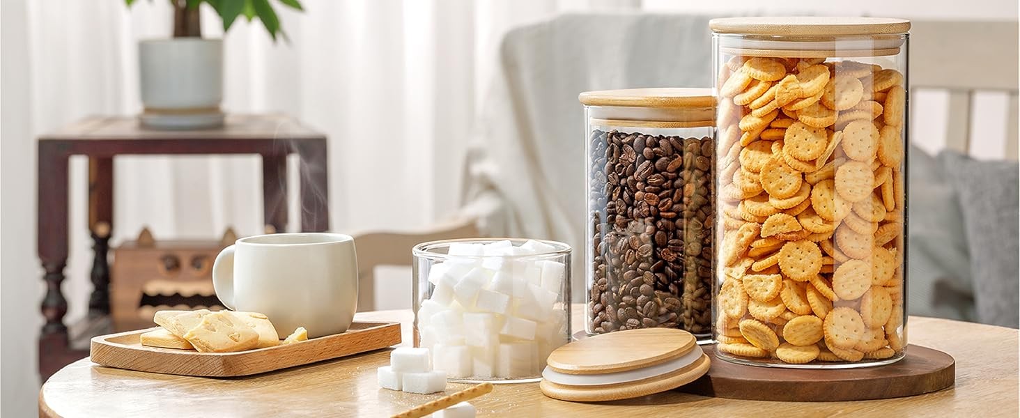 21oz – 4 Pack Square Glass Jars with Bamboo Lids, Glass Food Storage Containers