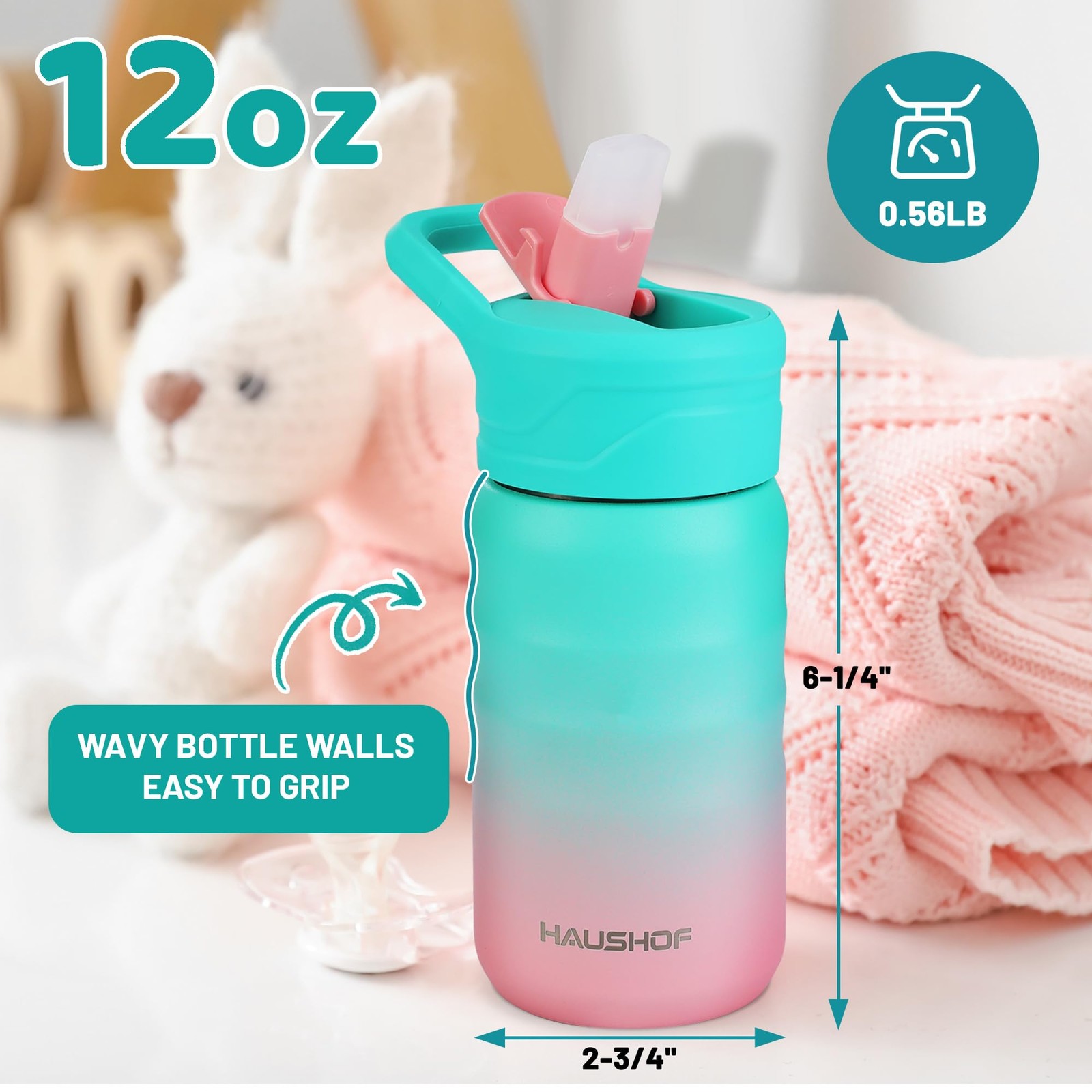 Haushof Kids Water Bottle 2-Pack 12 Oz Bpa-Free Straw And Stickers Stainless