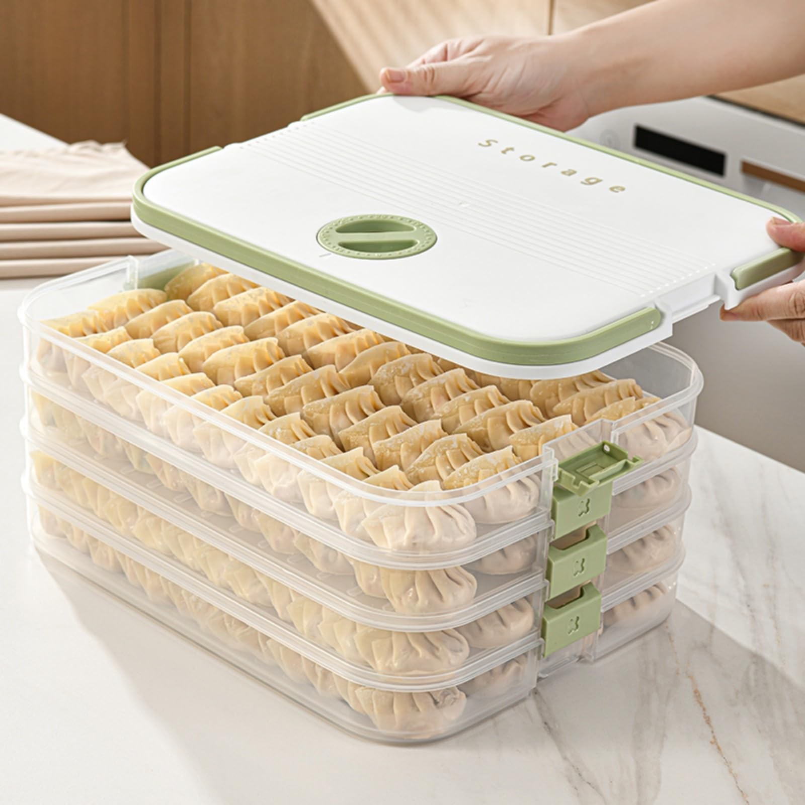 MueJah Dumplings Storage with 4 Layers, Stackable with Buckle, Lid & Handle f…