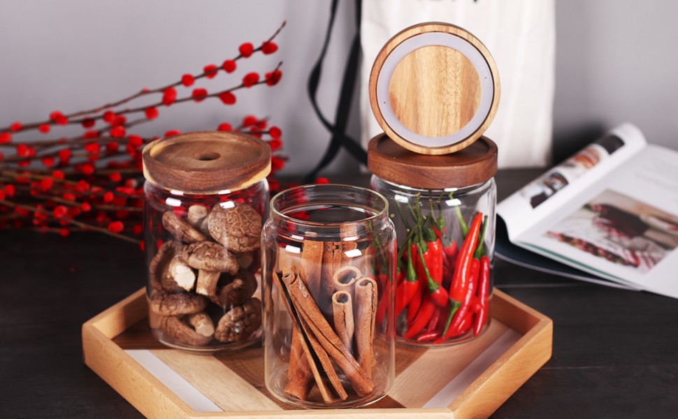 Glass Jars, Food Storage Containers with Airtight Acacia Lids, 20FL OZ(600ml)