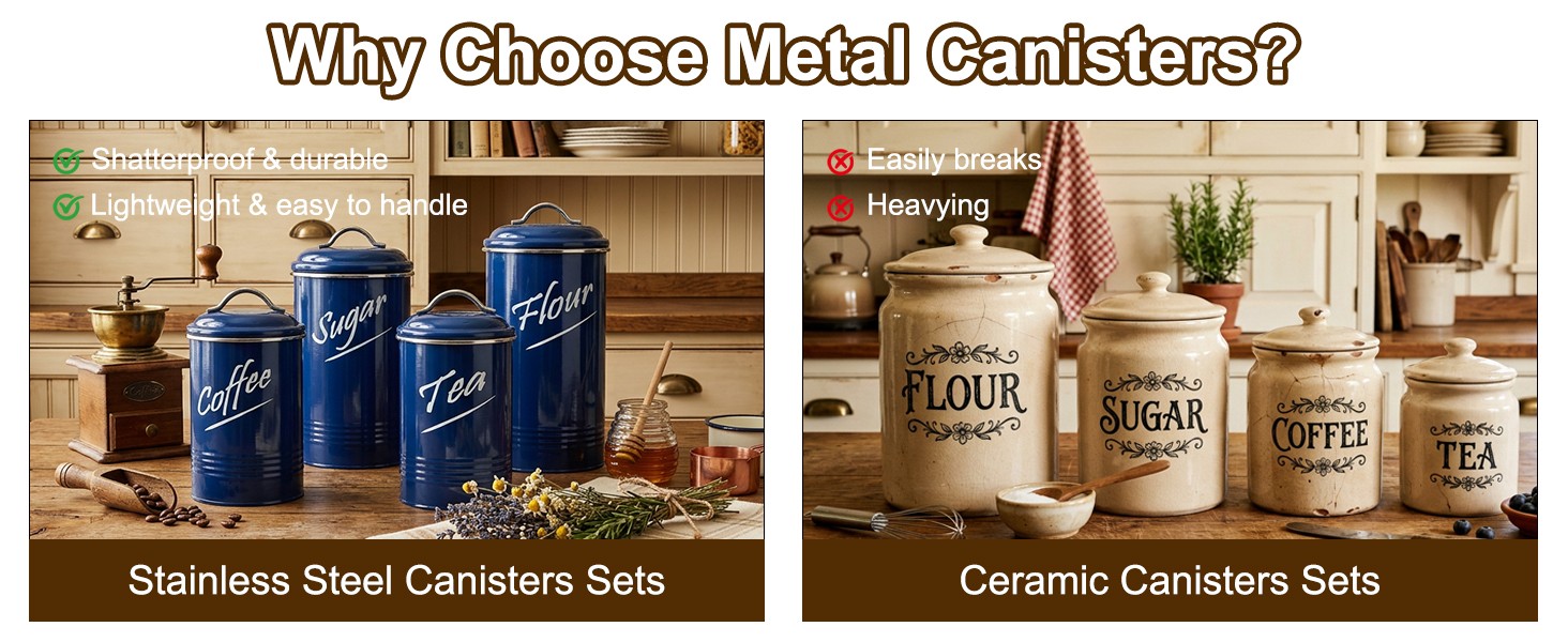 Kitchen Canister Set of 4, Airtight Stainless Steel Food Storage Containers with