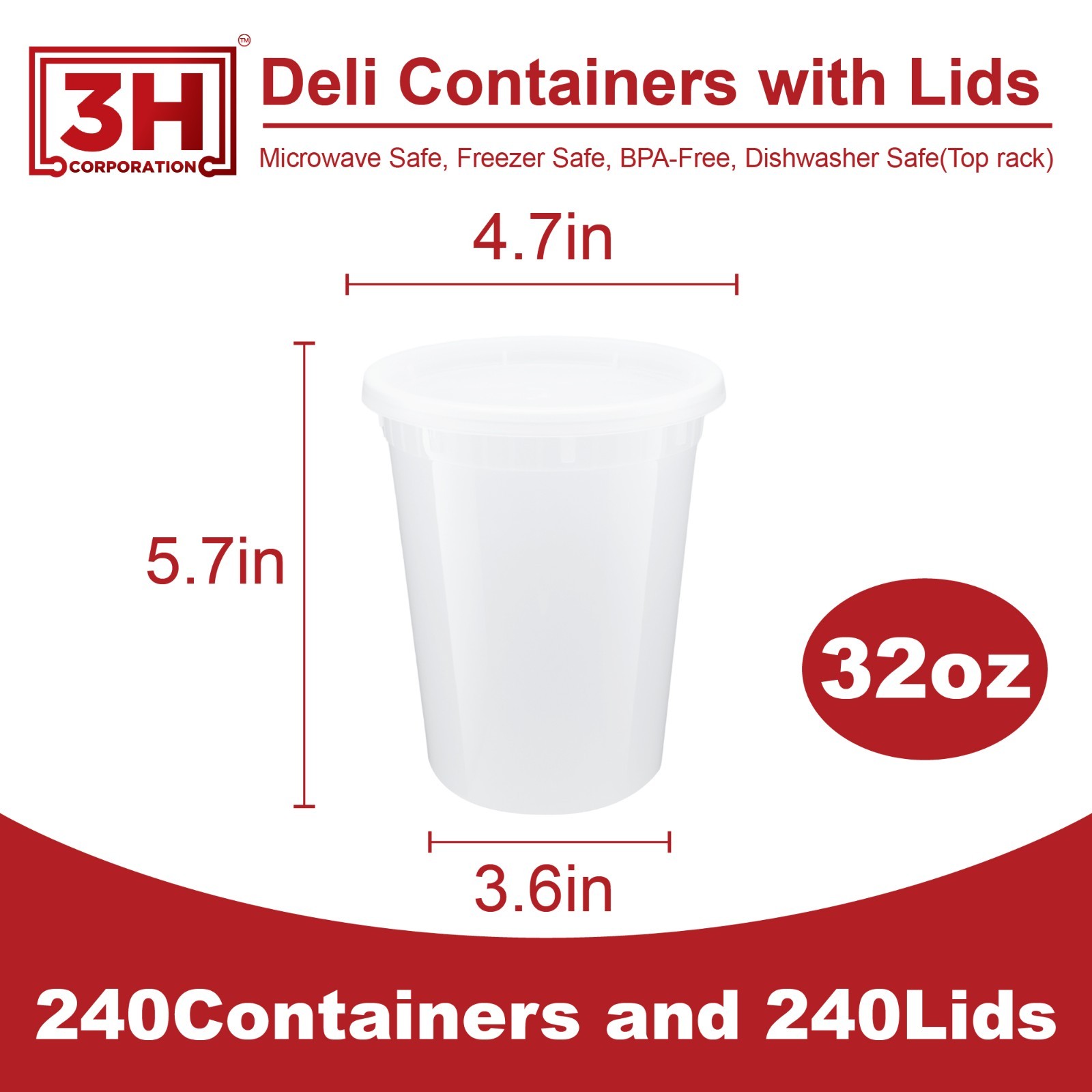 3H 32 oz Food Storage Containers with Lids (240 Set) Deli Containers with lids