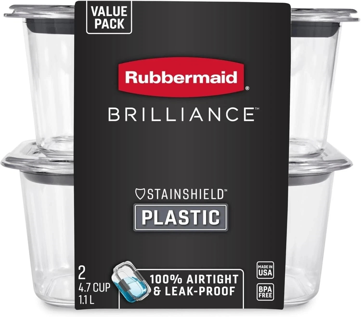 Rubbermaid Brilliance BPA-Free Food Storage Containers, Medium Deep, 4.7 Cup, 2-