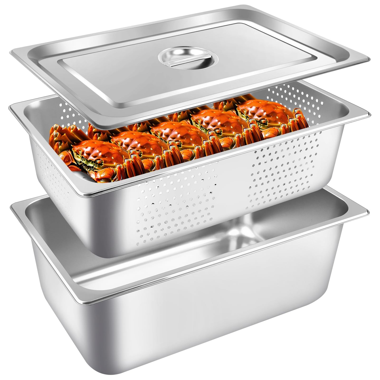 3 Pack Full Size 6 Inch, 8 Inch Hotel Pan with Lid Perforated Steam Table Pan…