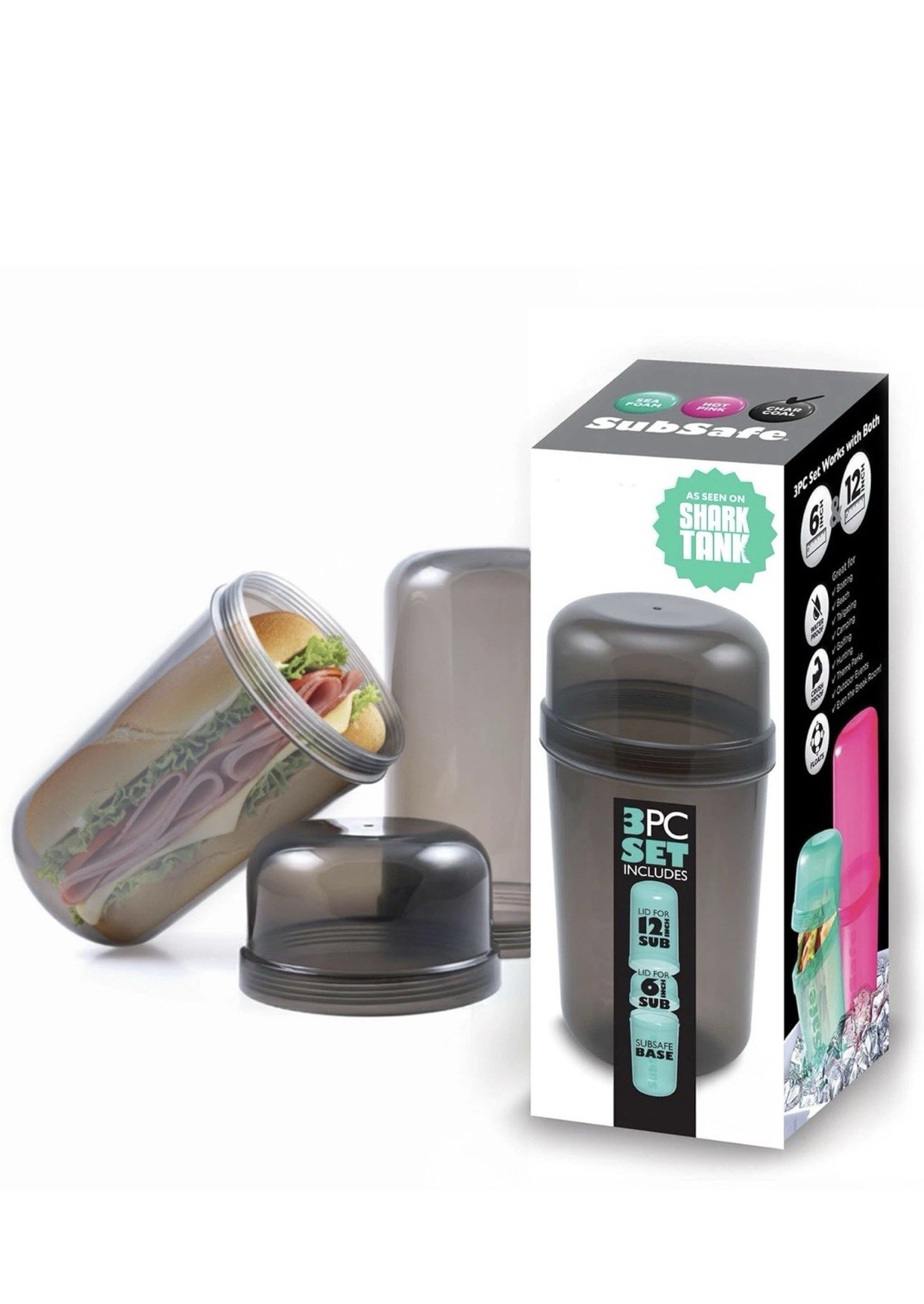 3-Piece Sub Sandwich Container, Charcoal Grey – As Seen on Shark Tank – Water…