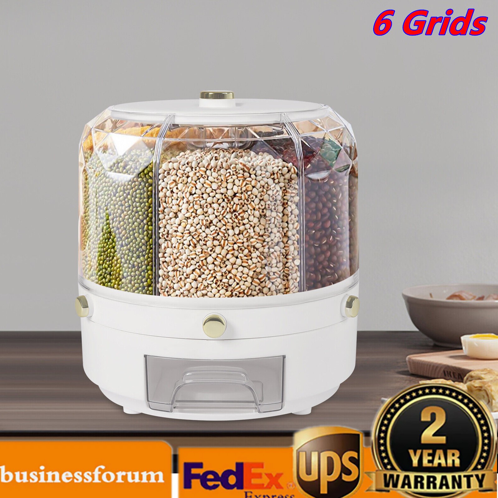 6-In-1 6KG Cereal Dispenser Rotating Grain Container Rice Storage Dry Food Box