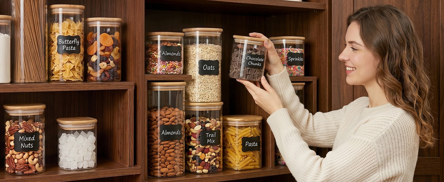 37 Oz Glass Storage Jars with Bamboo Lids – 6 Pack Clear Glass Canisters Square