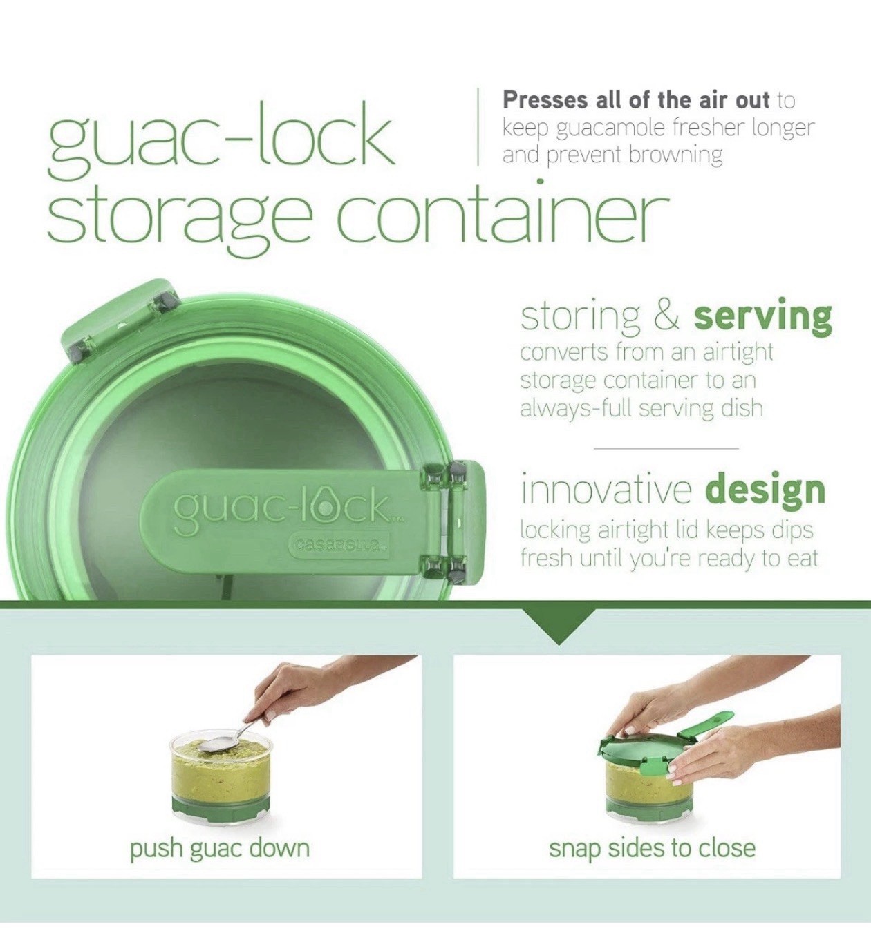 Casabella Guac-Lock Container in Green w/ White For Avocado Storage & Freshness