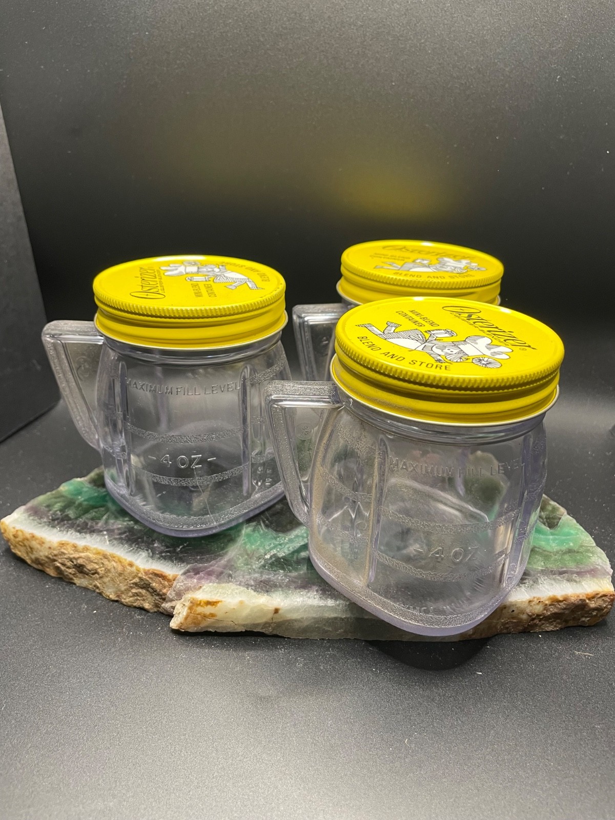 3 Vtg Osterizer Mini Blend Containers Jars 8oz. Blend & Store Plastic Metal Lid