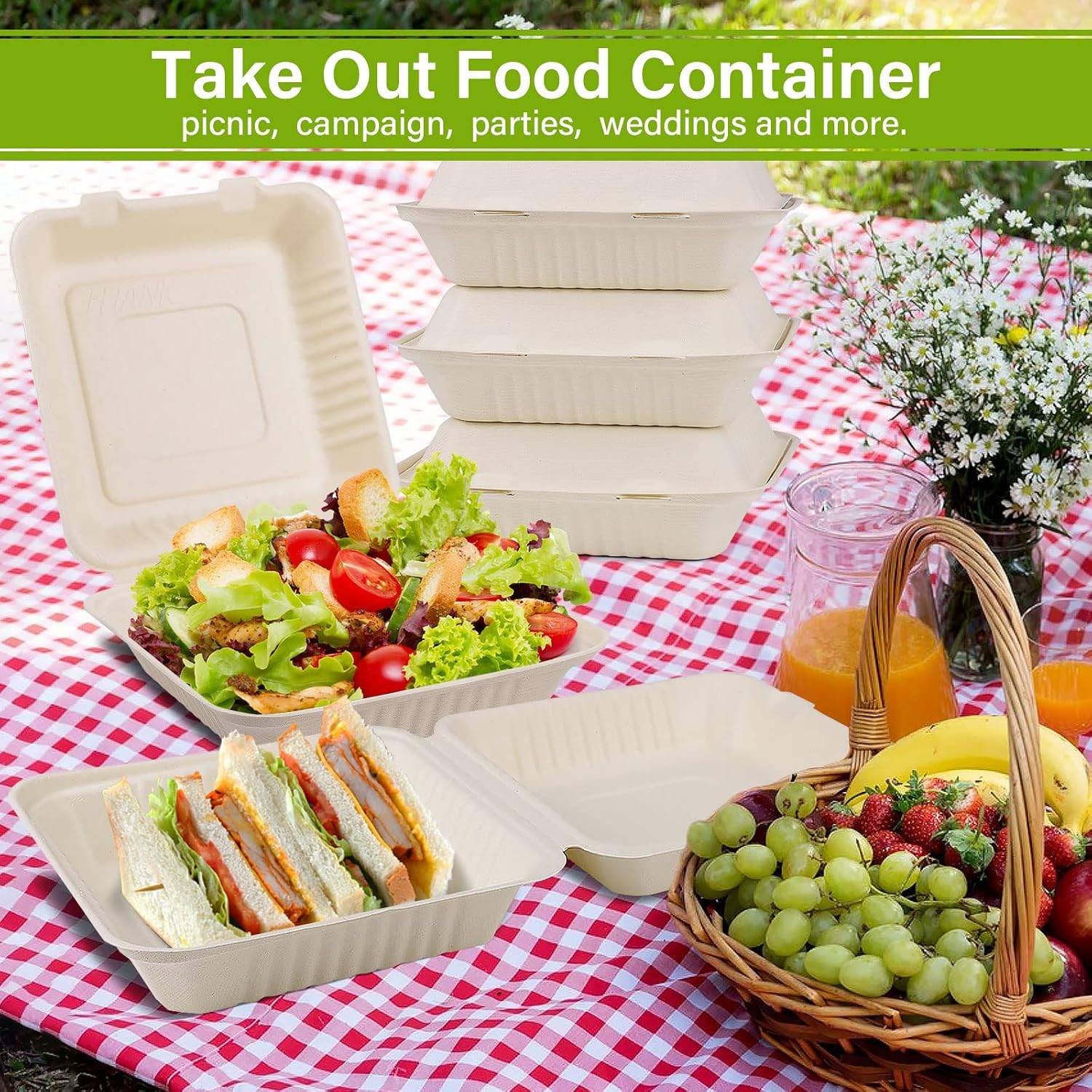 Compostable Take Out Food Container 8X8, 50 Pack Disposable to Go Food Boxes, Bi