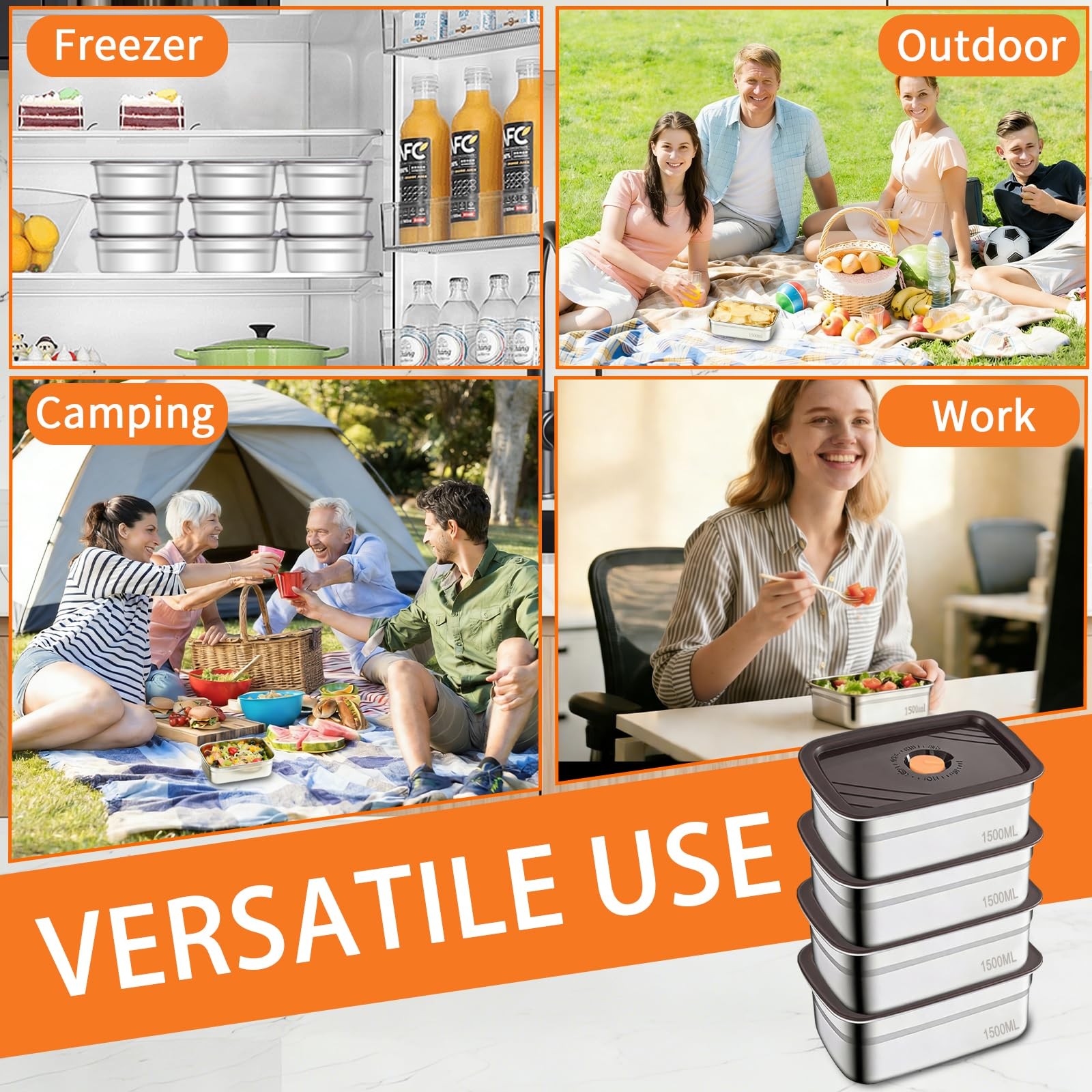 10PCS 50oz Stainless Steel Food Storage Containers with Airtight Lids, 1500ml…