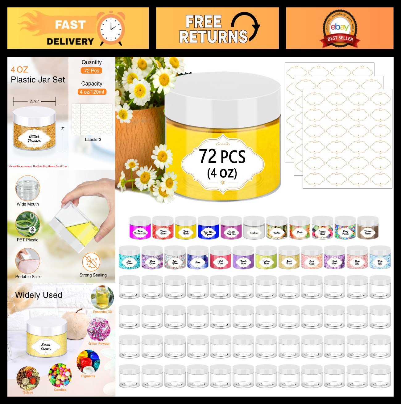 72 Pcs 4 OZ Clear Plastic Jars with Lids – Leak Proof Storage Containers for Sli