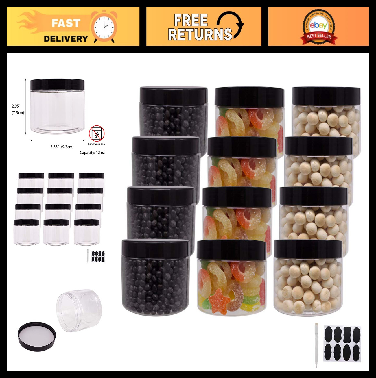 12 Pack 12oz Clear Plastic Storage Jars with Lids & Labels – Food, Craft, Dry Go