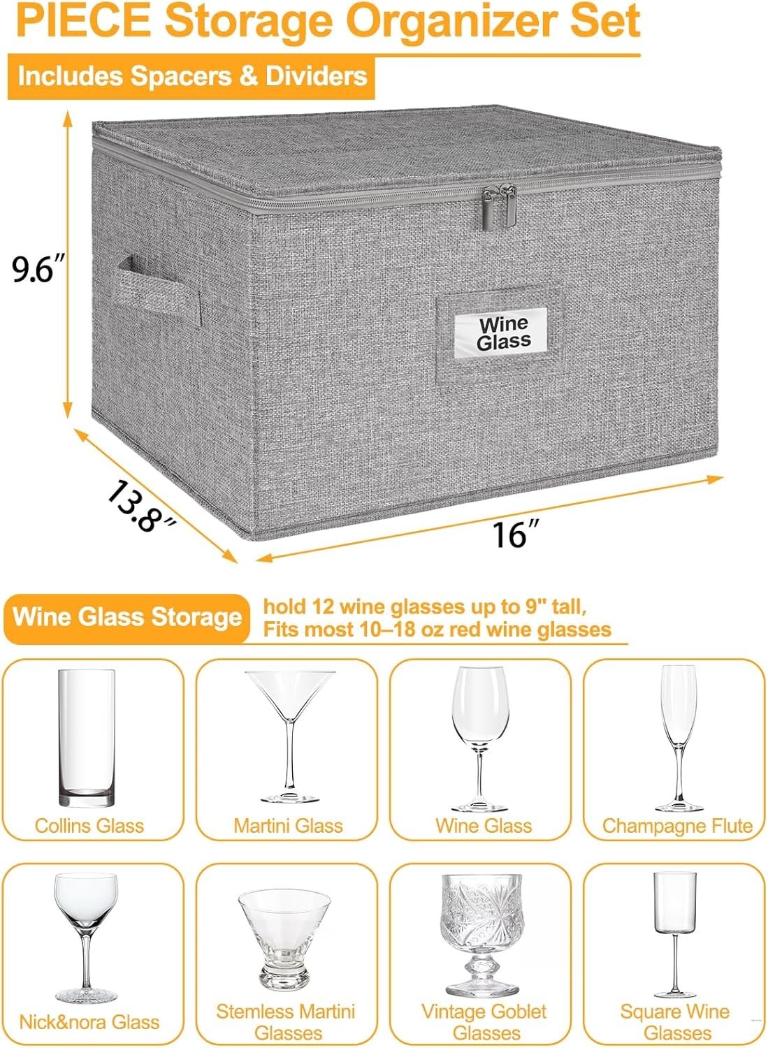 Wine Glass Storage Box, Glassware Storage Containers w/Hard Shell Side Bottom…