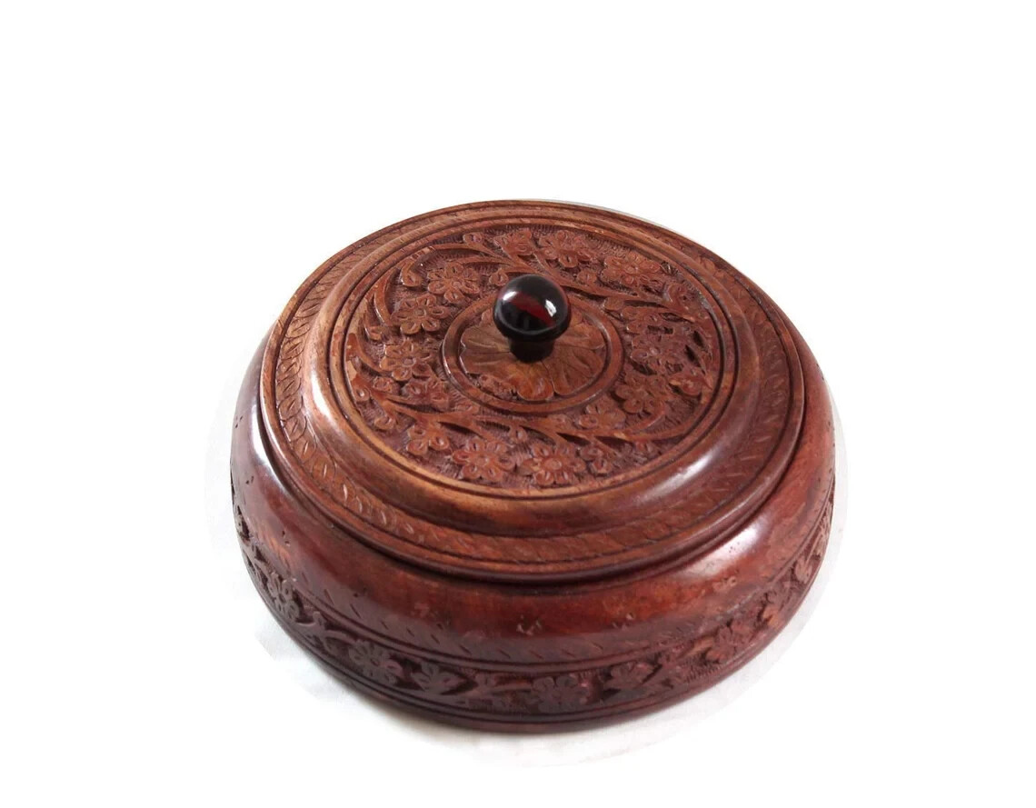 Wood Dry Fruit Box Handmade Wooden Large Size Round Food Storage, Spice Box
