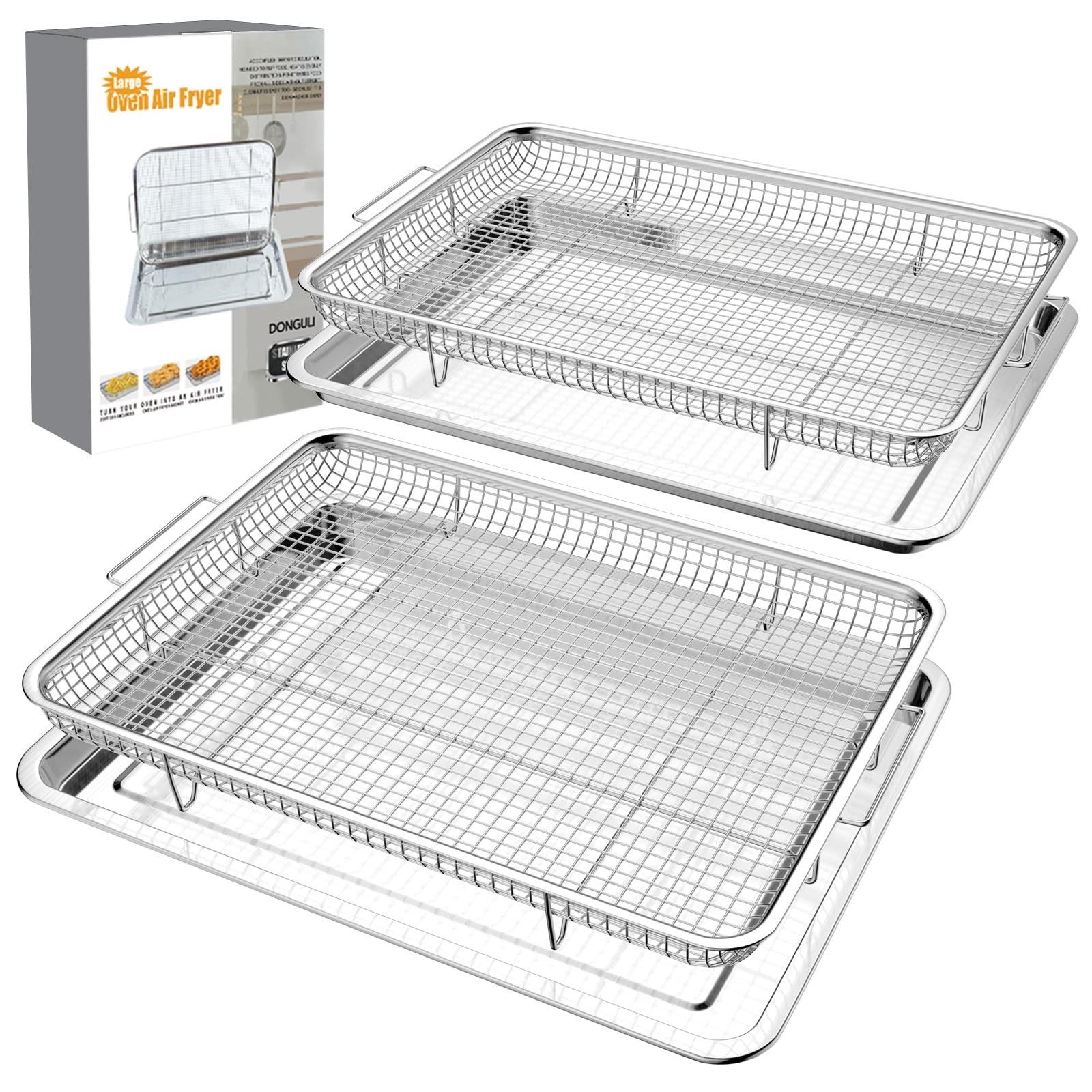 DONGULI Air Fryer Basket Oven – 2 Set Large Large-2 Pack-15.7″x11.8″, Silver