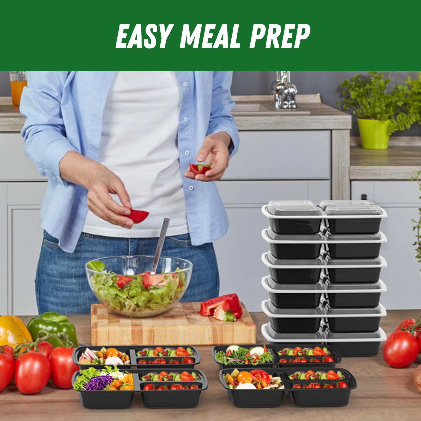 50 Pack 32 oz 3~Compartment Meal Prep Containers with Lids, Black