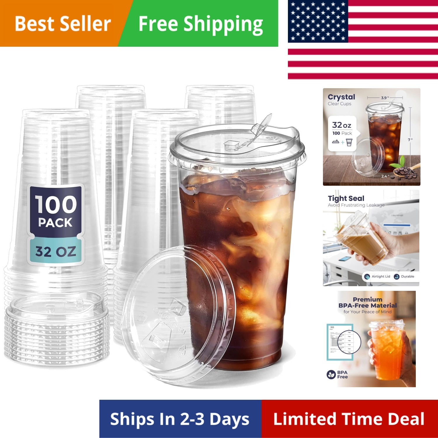 100 Pack 32 oz Clear Plastic Cups with Strawless Sip Lids, Disposable Plastic…