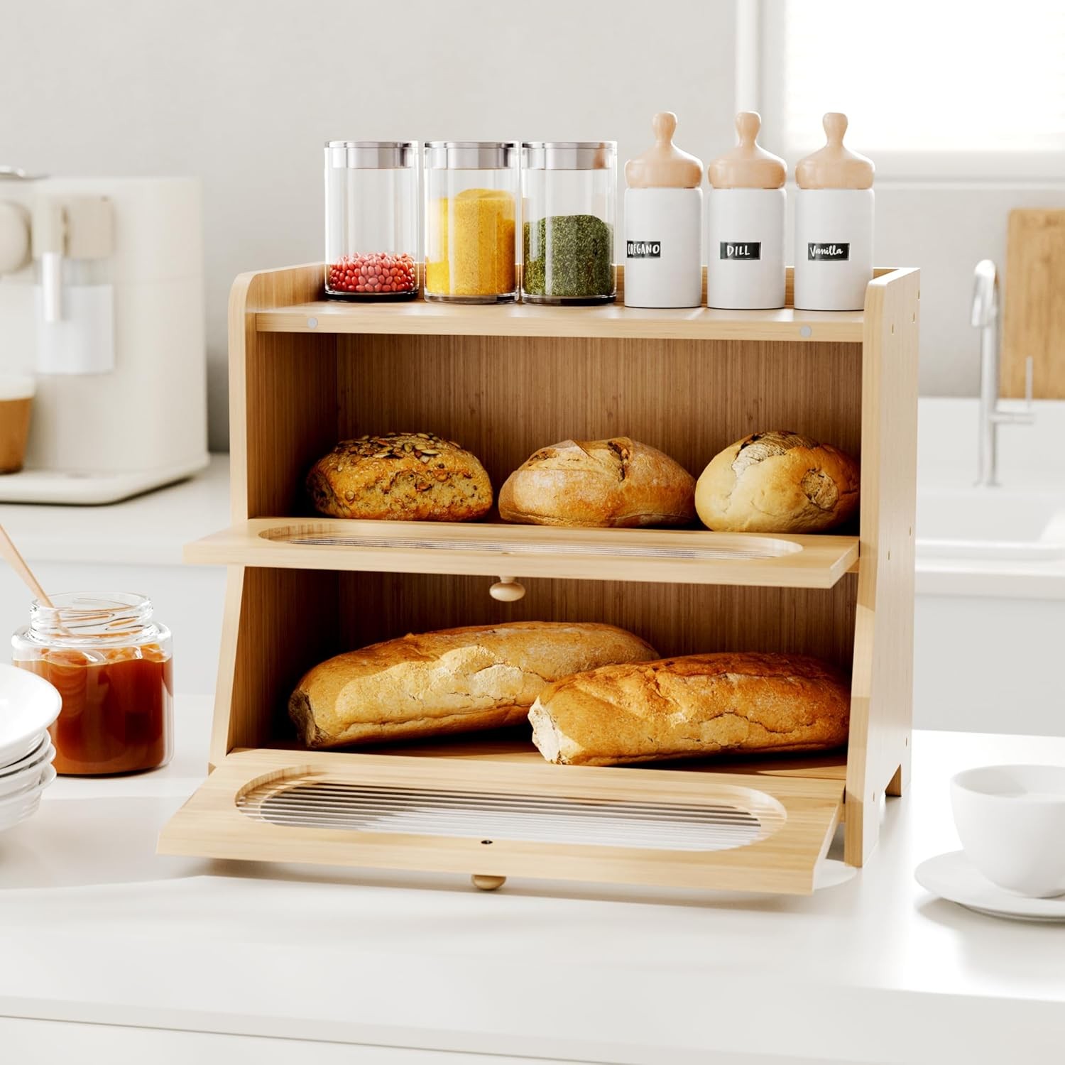 Bread Box,Extra Large 2-Tier Bamboo Bread Box for Kitchen Countertop,Bread