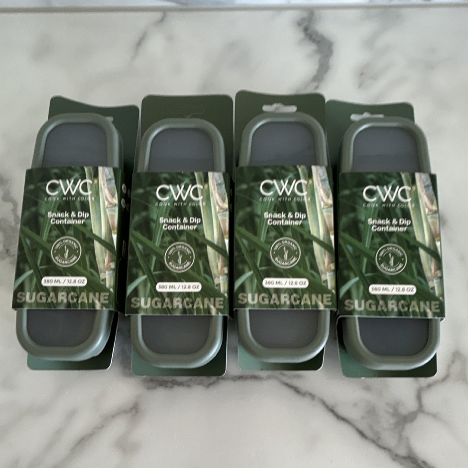 CWC Snack & Dip Container Set Green Sugarcane Recycled PP 360ml Rectangle 4pcs