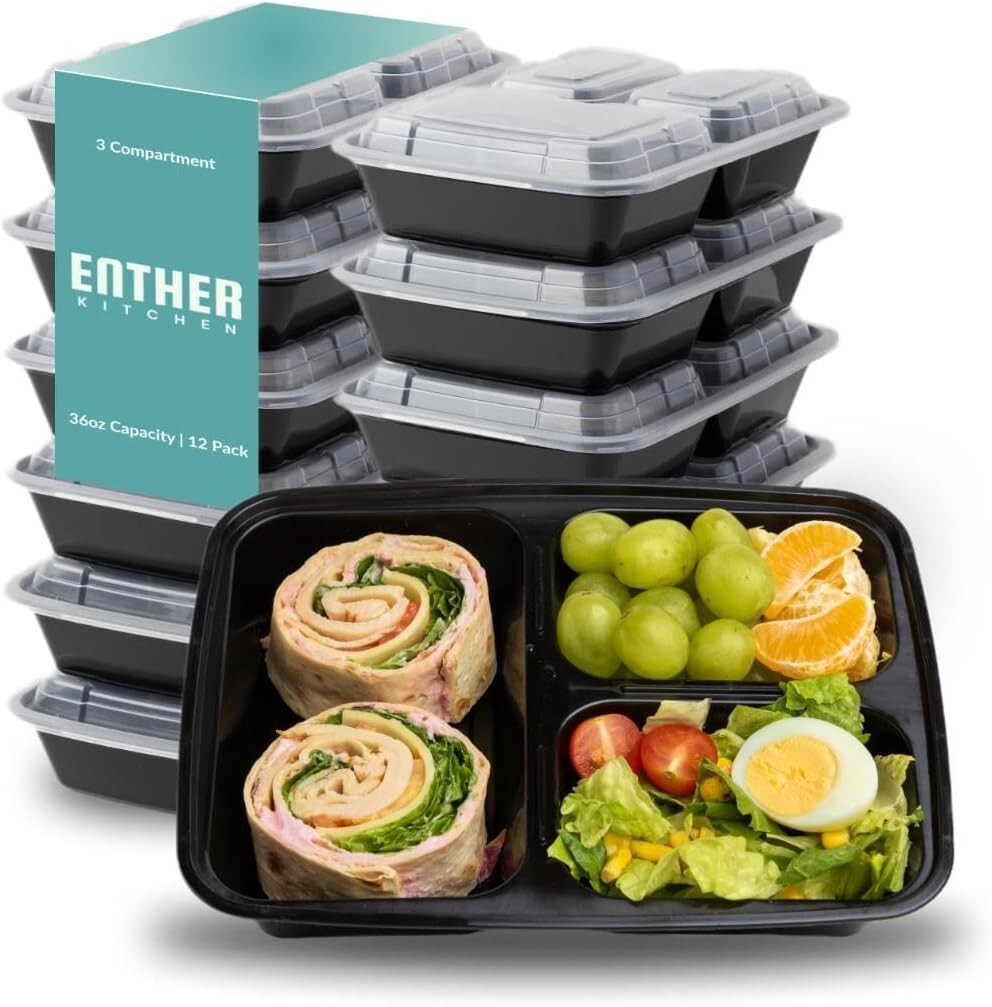 Durable 12 Pack 3-Compartment Meal Prep Containers – Microwave & Dishwasher Safe