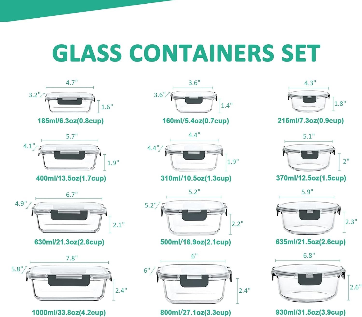 24 Pieces Glass Food Storage Containers Set, Meal Prep Containers, BPA-Free A…