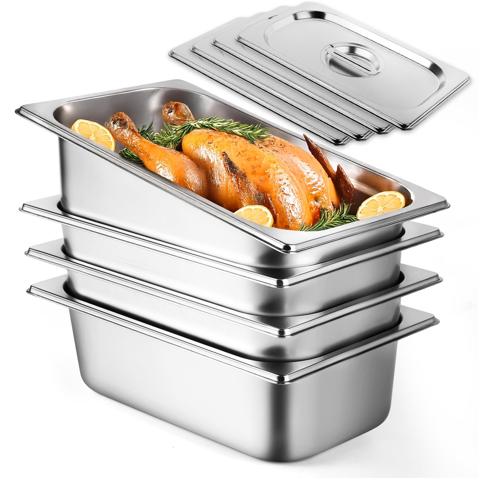4 PCS 1/3 Hotel Pan Lids 4 Deep Steam Table 13×6.8 Stainless Steel