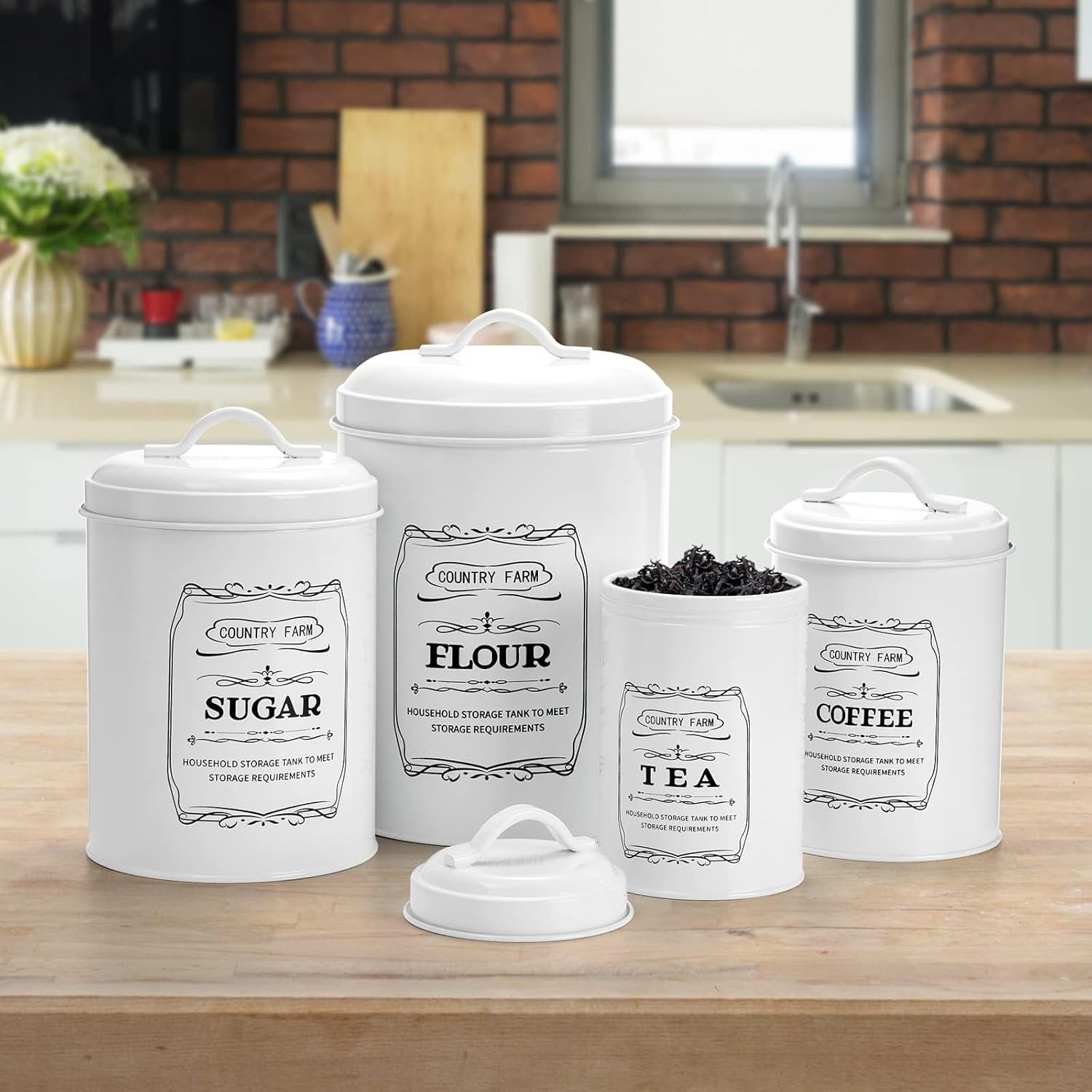 Set of 4 Kitchen Canisters with Airtight Lids, Coffee Tea Sugar Flour Tin Jars
