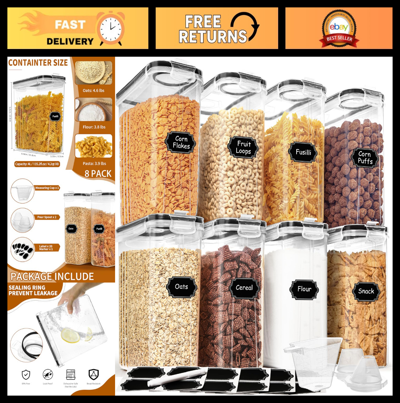 Airtight Cereal Storage Containers Set – 8PCS 4L Food Dispensers with Pour Spout