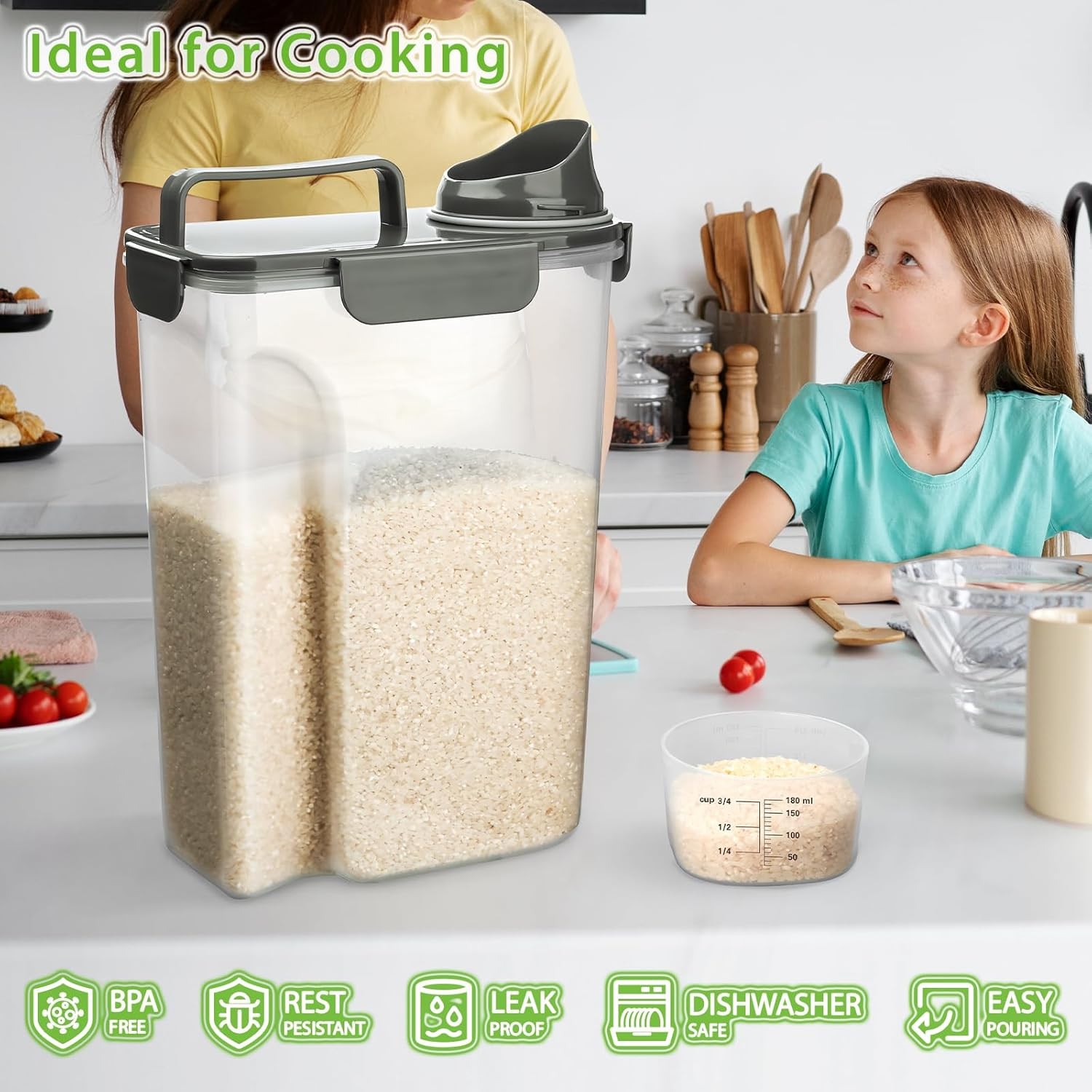 Rice Storage Container, 5 to 10lb Dry Food Airtight Dispenser, Pet Dog Cat Food