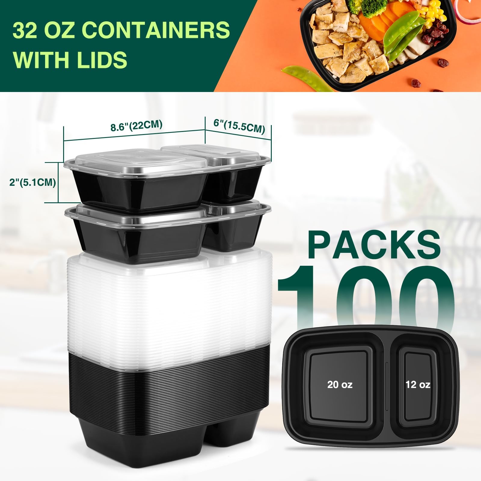 100 Pack (200-Piece)32 oz Meal Prep Containers,2-Compartment Reusable Food St…