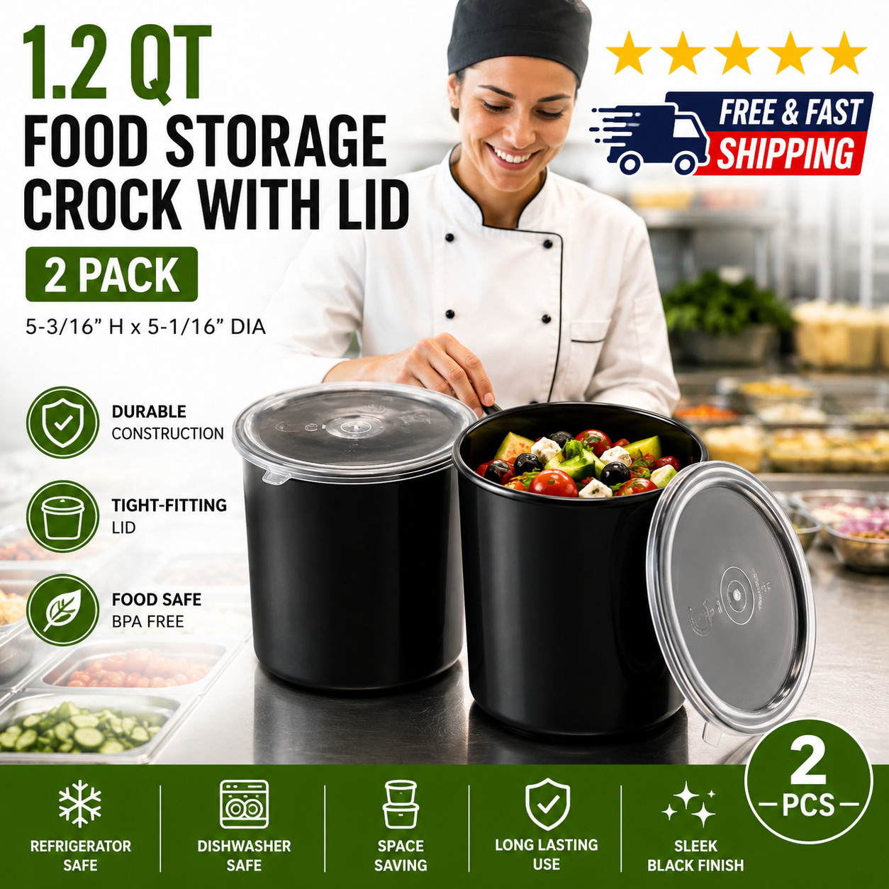 Cambro Round Black Food Storage Container with Lids 1.2 QT – 2 Pack – Free Ship