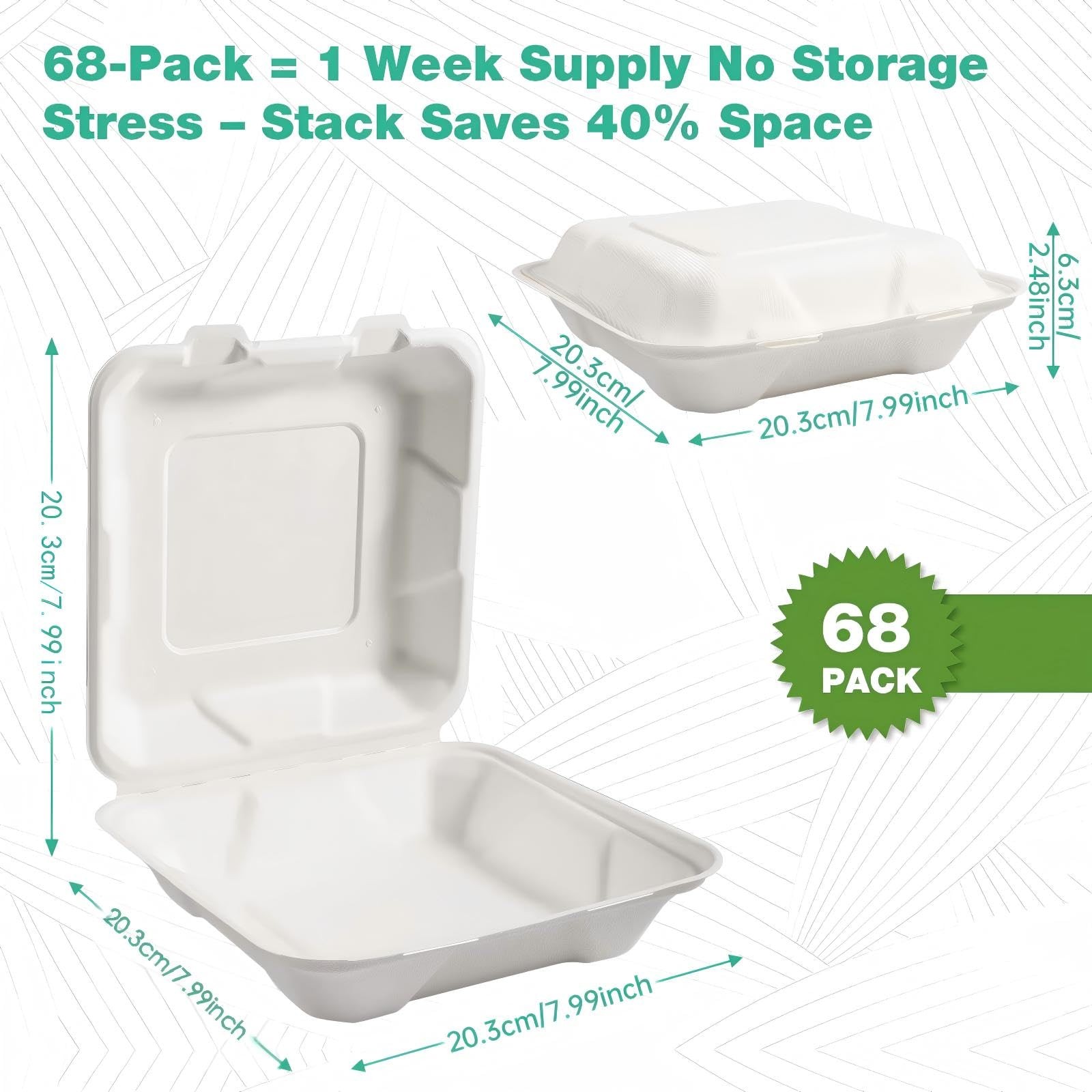8×8″, 68-Pack Disposable Clamshell Take Out Food Containers, Biodegradable Pa…