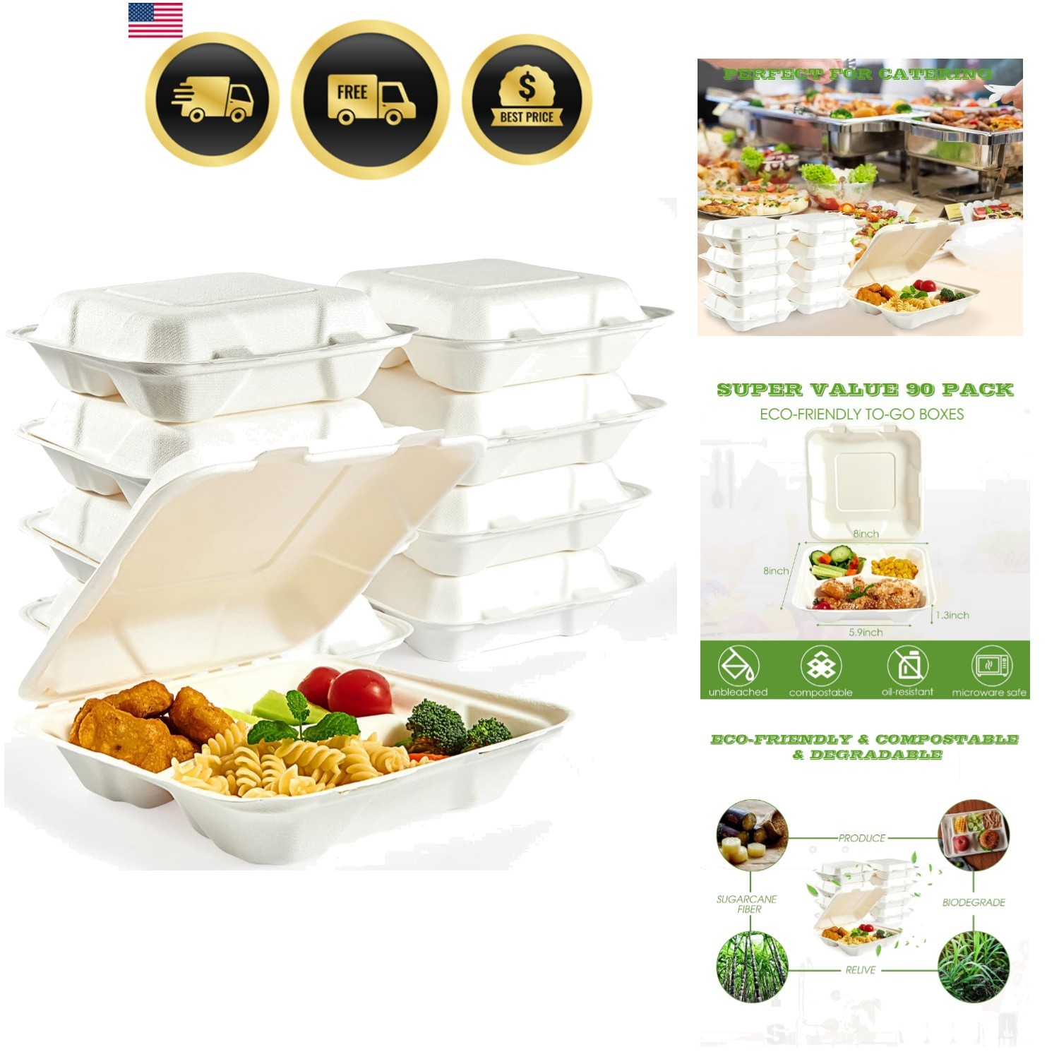 100% Compostable Clamshell Take Out Food Containers, 90 PACK 8 inch x 8 inch …