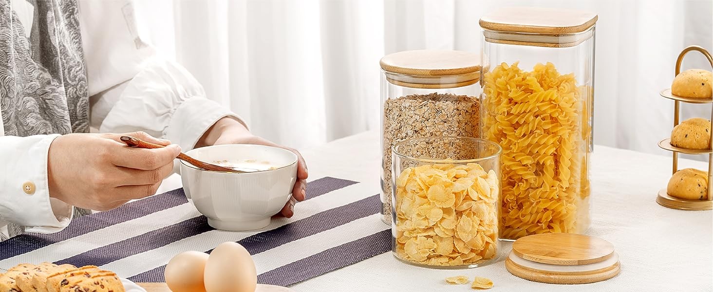 21oz – 4 Pack Square Glass Jars with Bamboo Lids, Glass Food Storage Containers